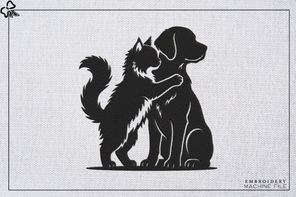 Cat Hugging Dog Embroidery for Boutique Apparel